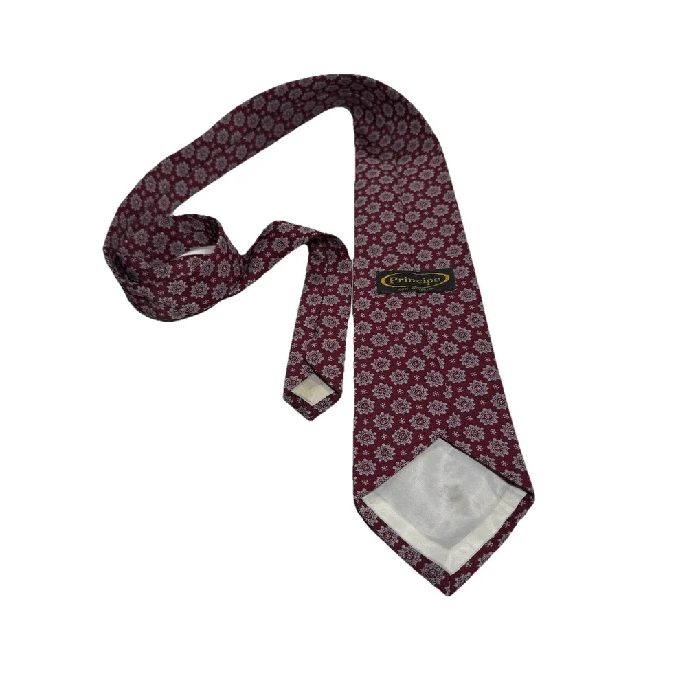 Principe Burgundy Necktie Repeating Floral Medallion Pattern Silver And Grey